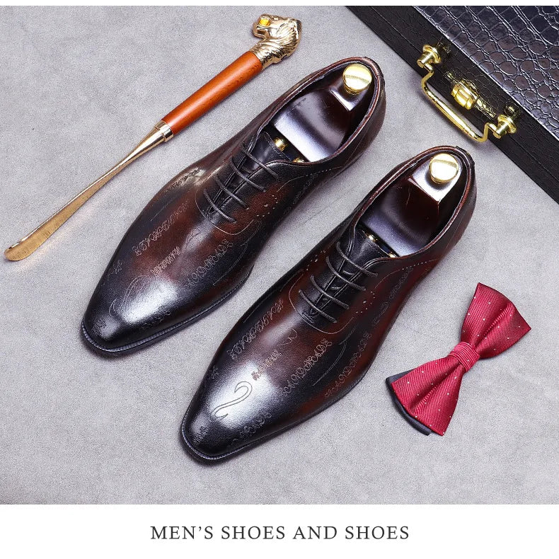 Men's Business Dress Leather Shoes Genuine Leather Shoes Full Cowhide British Laser Engraving Pattern Men's Wedding Shoes 37-46