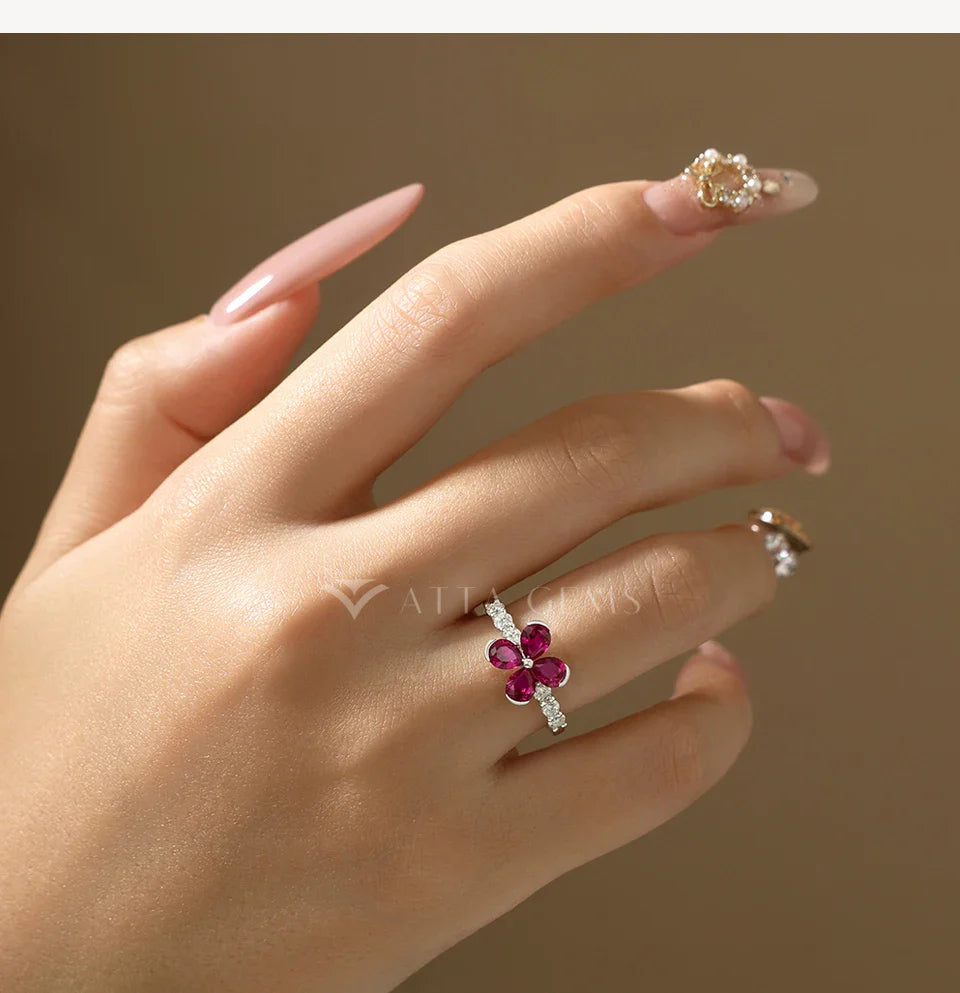 Original Teardrop Ruby Flower Ring ForWomen Pave Moissanite Engagement Rings 925 Sterling Silver Jewelry Gift For Party
