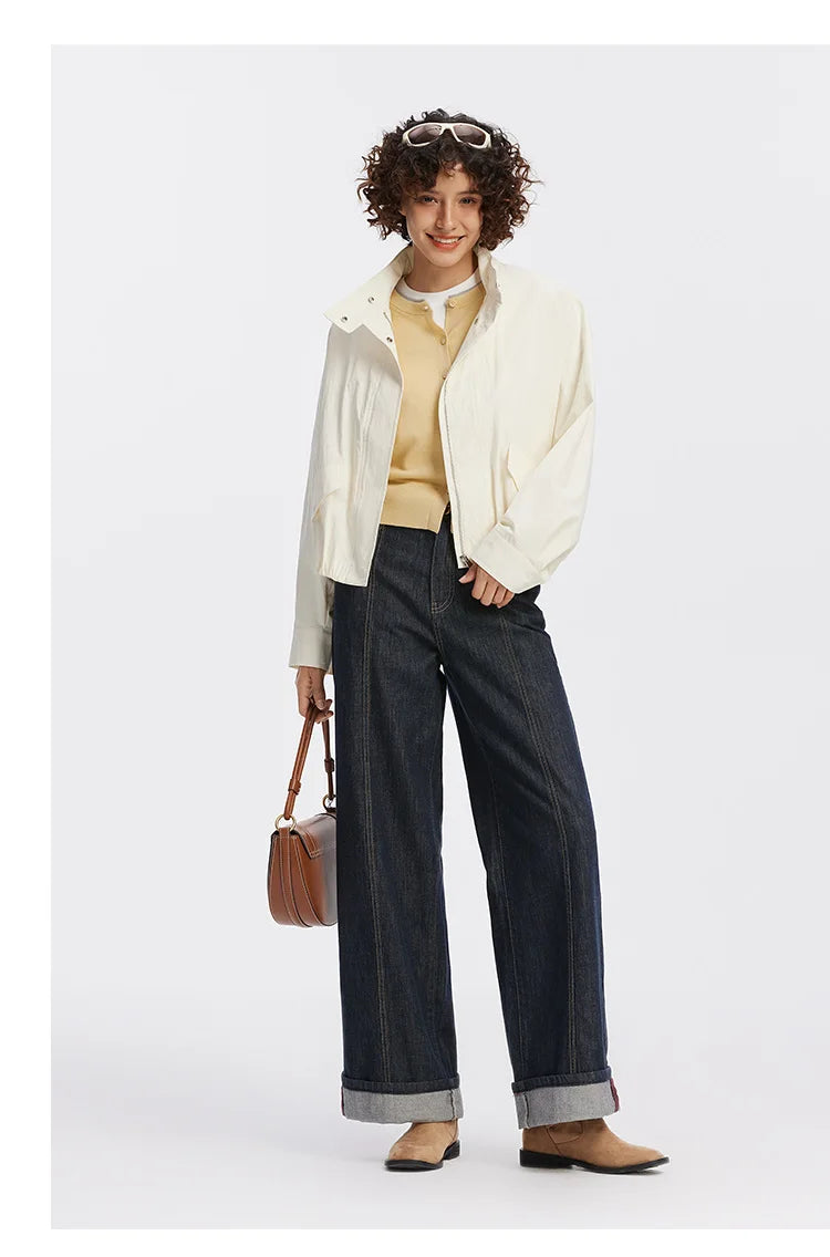 Women Jacket Solid Stand Collar Bubble Hem Oversize Dropped Shoulder Casual Style Autumn Outerwear Daily Wear 2026