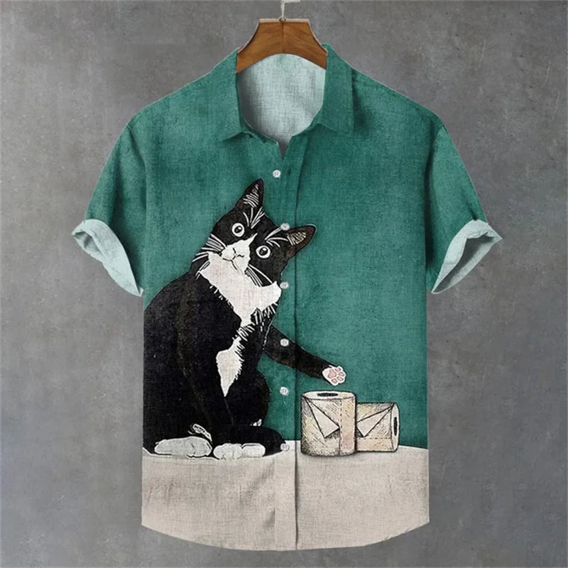 Short sleeved high-end shirt top printed street party social fashion 2024 men's shirt plus size elegant and handsome dog
