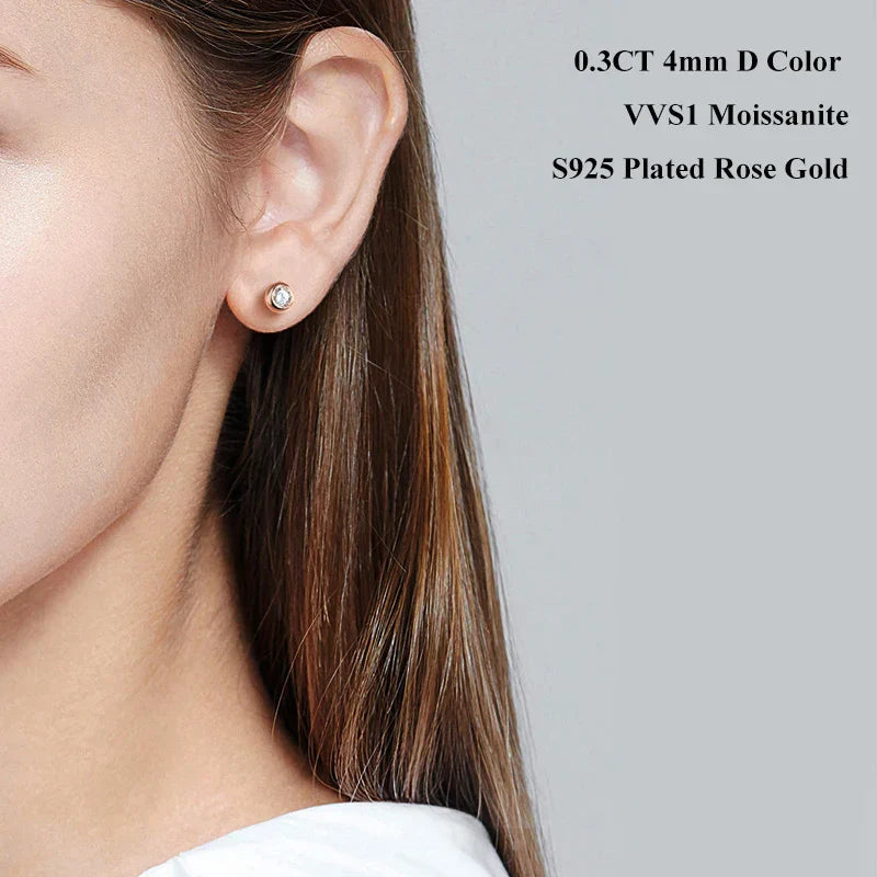 Round Bezel 0.3/0.5CT Moissanite Earrings for Women S925 Silver Plated 18K Rose Gold Pass Diamond Test Bubble Ear Studs