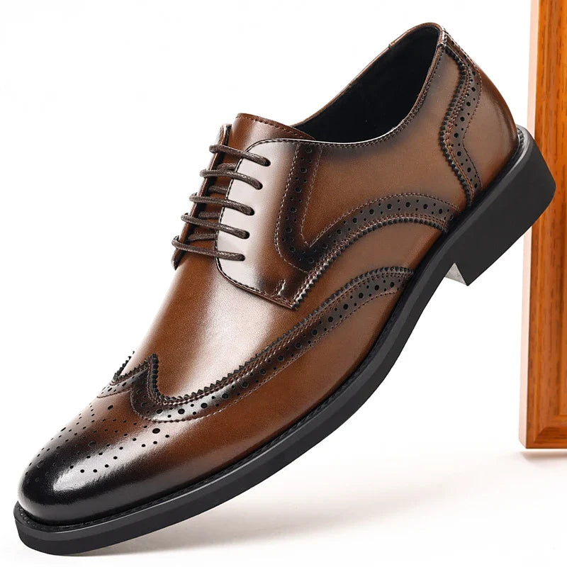 Pointed Toe Vintage Gradient Leather Wingtip Brogue Oxford Dress Shoes Lace Up Formal Business Groom Wedding Office Work Shoes