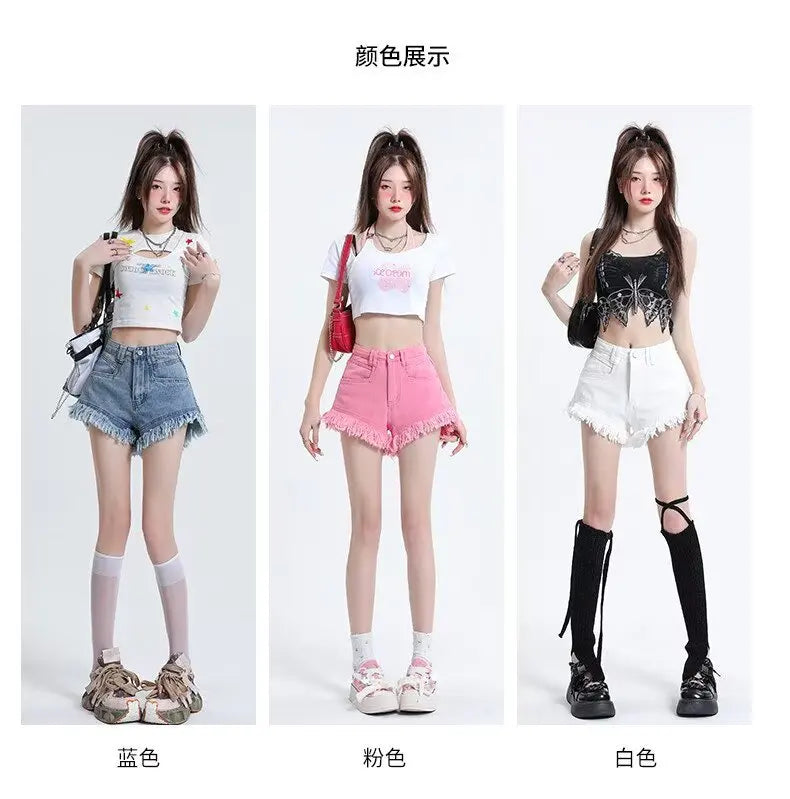 Women's Pear-shaped Friendly Denim Shorts 2026 Summer New High Waist Frayed Hem Casual Streetwear Wide Leg Hot Pants