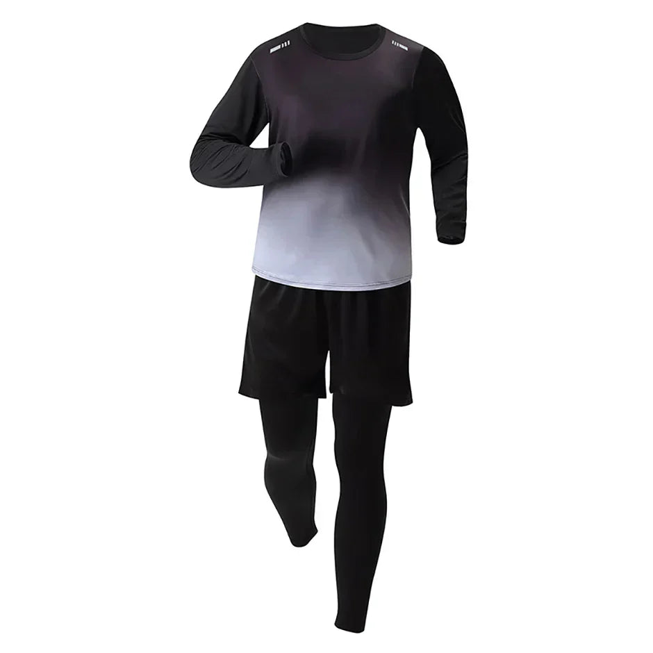 5-Piece Men's Quick-drying Sports Suit Fitness Running Tight Elastic Trousers With Cap Gradient Coat Round Neck Casual T-shirt