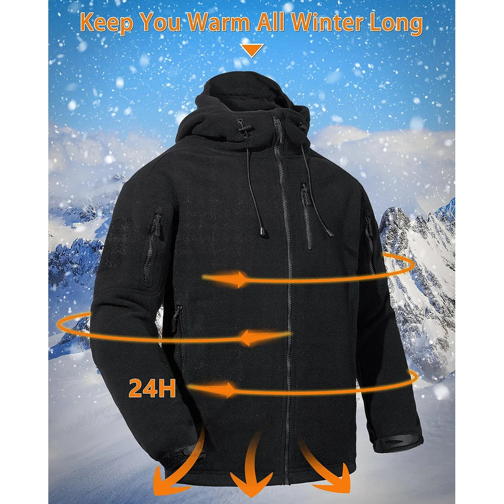 Fall Winter Men's Hooded Fleece Jacket Full Zip Up Soft Warmth Windproof Coat Outdoors Working Hiking Fishing Outerwear
