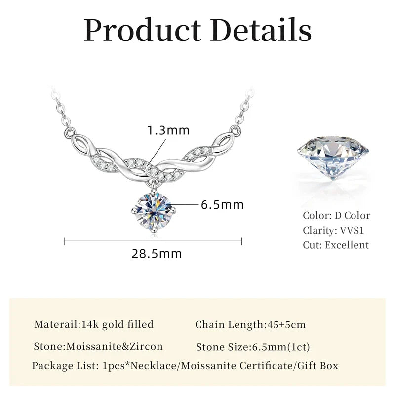Sparkling 6.5MM Moissanite Necklace 14K Gold Filled Infinity Pendant Necklaces for Women Valentine's Day Jewelry Gift