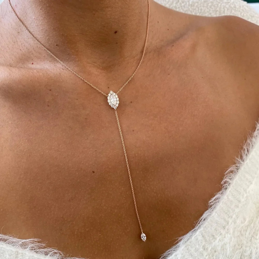 Marquise Cut Full Moissanite Pendant Necklace for Women 100% S925 Silver Y-style Halo Diamond Drop Neckchain with Certificate
