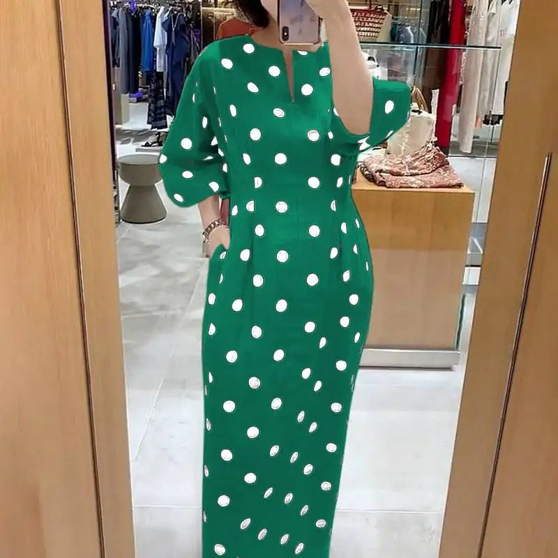 Elegant Women Dots Print Dress 2024 Summer Slim 3/4 Sleeve Vestidos Fashion V-Neck Party Midi Robe Office Pocket Dresses