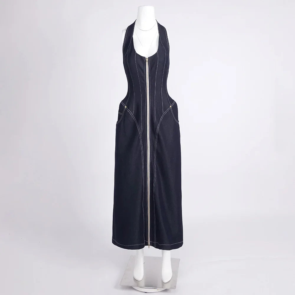 2025 New Women Celebrity Sexy Backless Halter Blue Zipper Denim Maxi Long Gowns Dress Elegant Evening Party Club Vestido