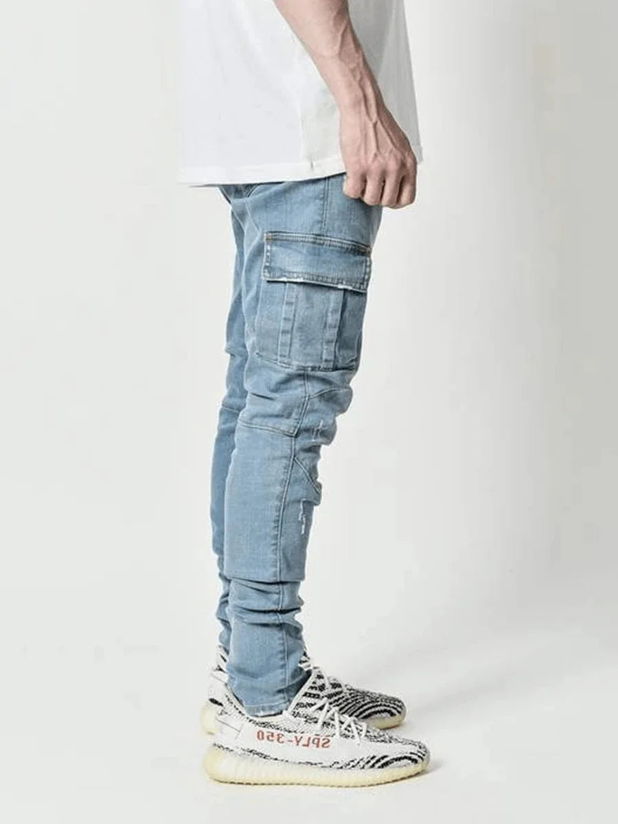 Jeans Men Black Cargo Pants Multi Pockets Denim Pantalone's Trousers