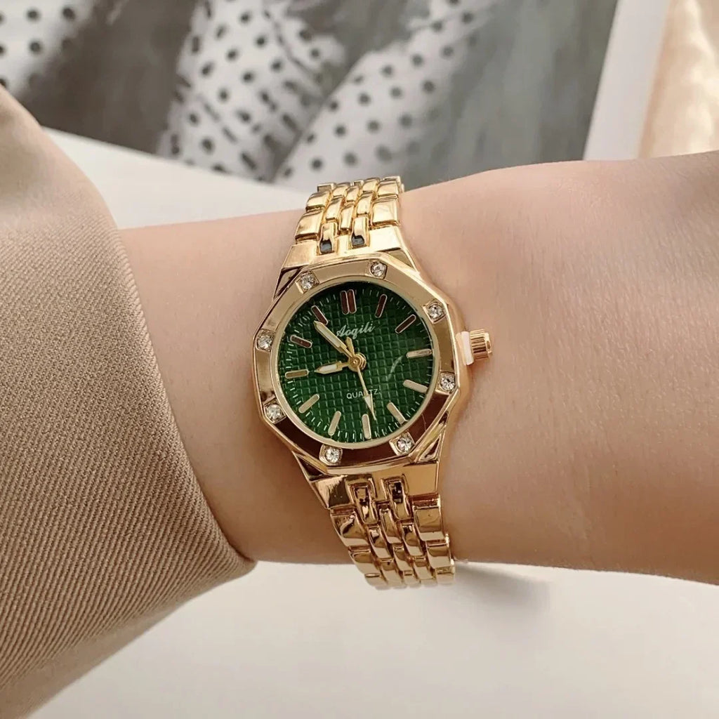 Women's Fashion Round Room Gold Steel Band Quartz Wristwatch Luxury Ladies Golden Watch for Women Clock Female Reloj