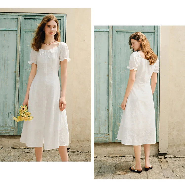 Dress Women Embroidered Elegant 2025 New Summer Lace-trimmed Collar Puff Sleeve Little White Dress for Summer