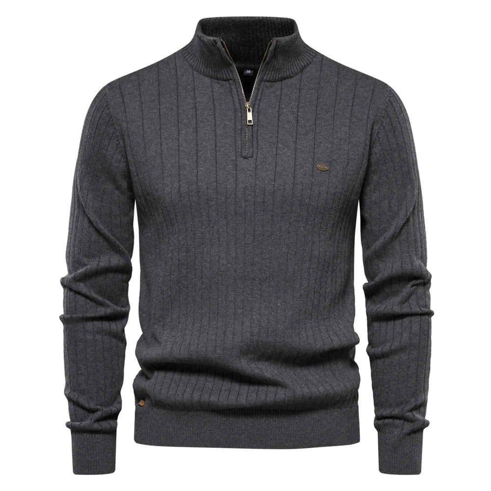 2024 Autumn Quarter Zipper Mock Neck Pullover Sweaters for Men Quality Warm Winter Cotton Knitted Men's Sweaters