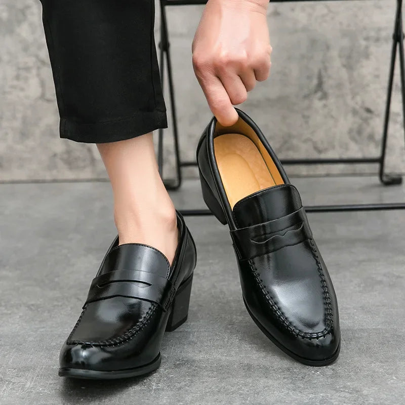 Retro High Heel Men's Shoes Fashionable Business Leather Slip-On Shoes Trendy Rubber Sole Pointed Toe Ankle-Length PU Leather