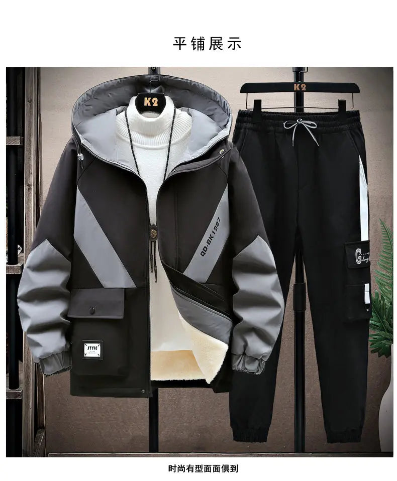 Winter Tracksuit Men Warm Sports Printed Thick Suit Mens Casual Hooded jacket+Pants Sweatsuit Male 2 Piece Sportswear