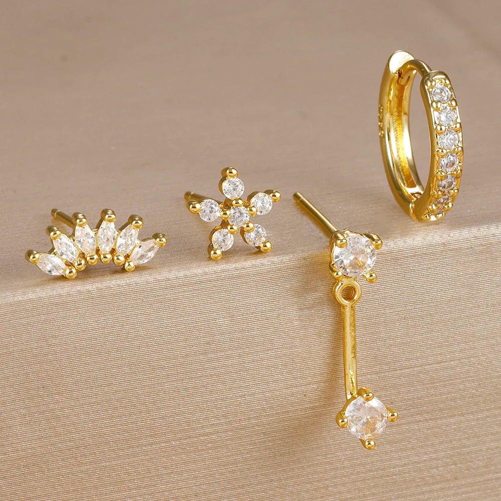 4PCS Stainless Steel Circle Huggie Hoop Earrings Set for Women Gold Color Unique Zircon Flower Stud Earring Piercing Jewelry