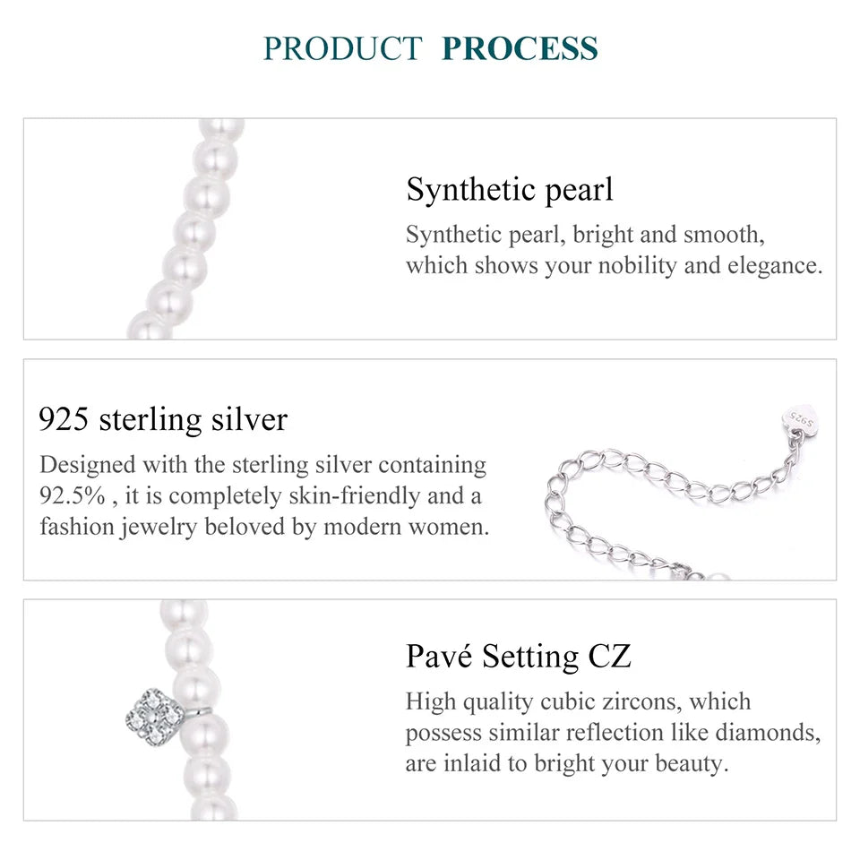 925 Sterling Silver Stackable Full Pearl Necklace Lucky Four-Leaf Clover Beads Strand Necklace for Elegant Women Gift