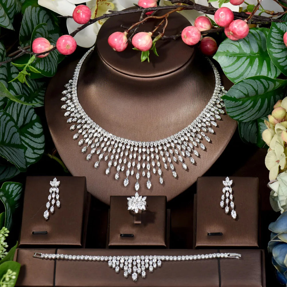 Top White Cubic Zirconia Bridal Shiny Tassel Necklace Jewelry Sets For Wedding Party Dress Accessories N-1503
