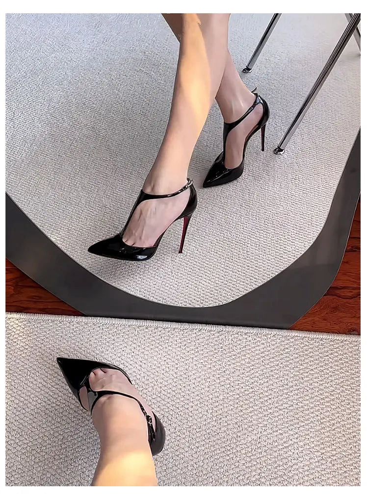 New T-shaped hollow high heels with toe caps, sandals with thin heels and pointed hollow out sexy shallow mouth single shoes