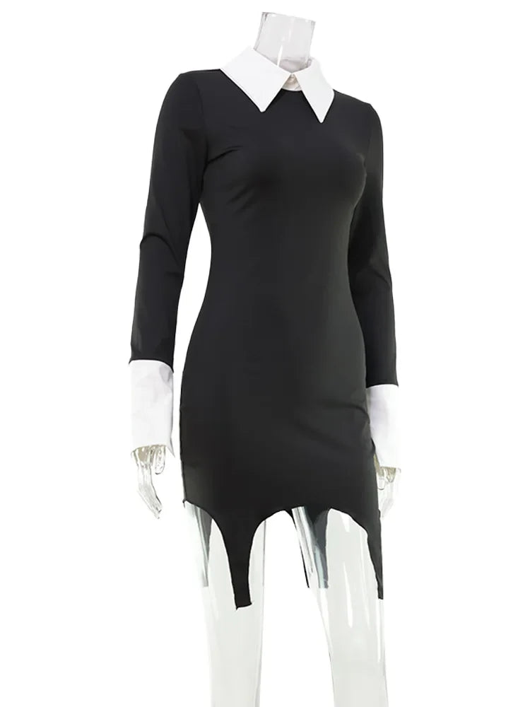 Turn-down Collar Solid Patchwork Long Sleeve Women Dresses Hip Wrap Fashion Sheath Outfits Female Sexy Club Bodycon Robe