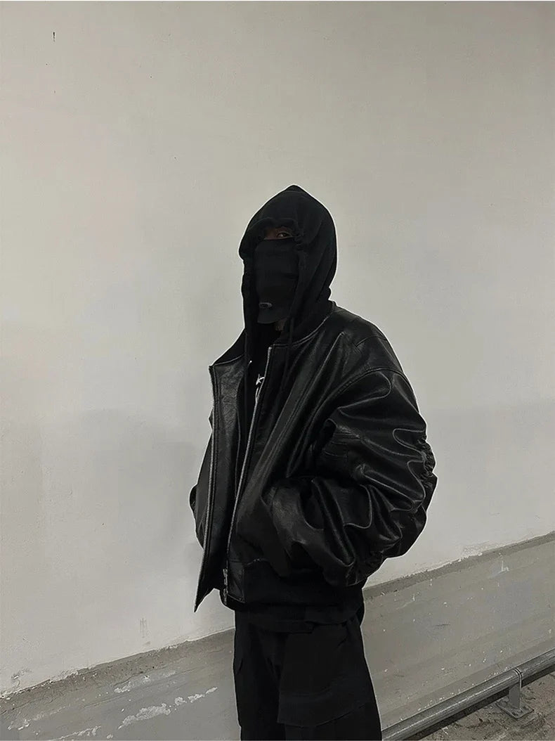 Autumn Winter Oversized Cool Black Thickened Warm Pu Leather Jacket Men Hood Luxury Designer Fake 2 Clothes