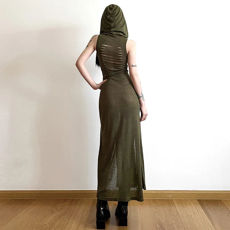 Summer 2023 Sexy European And American Style Sleeveless Hooded Dress Long Split Hollow out Pure Color Women's Gown