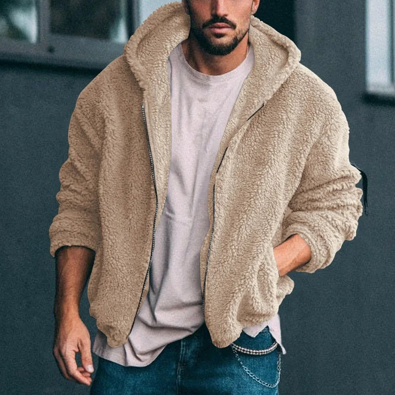 Men's Winter Zipper Fleece Hooded Jacket Vintage Casual Streetwear Loose Solid Color Hoodie with Pockets Leisure Fashion Coat