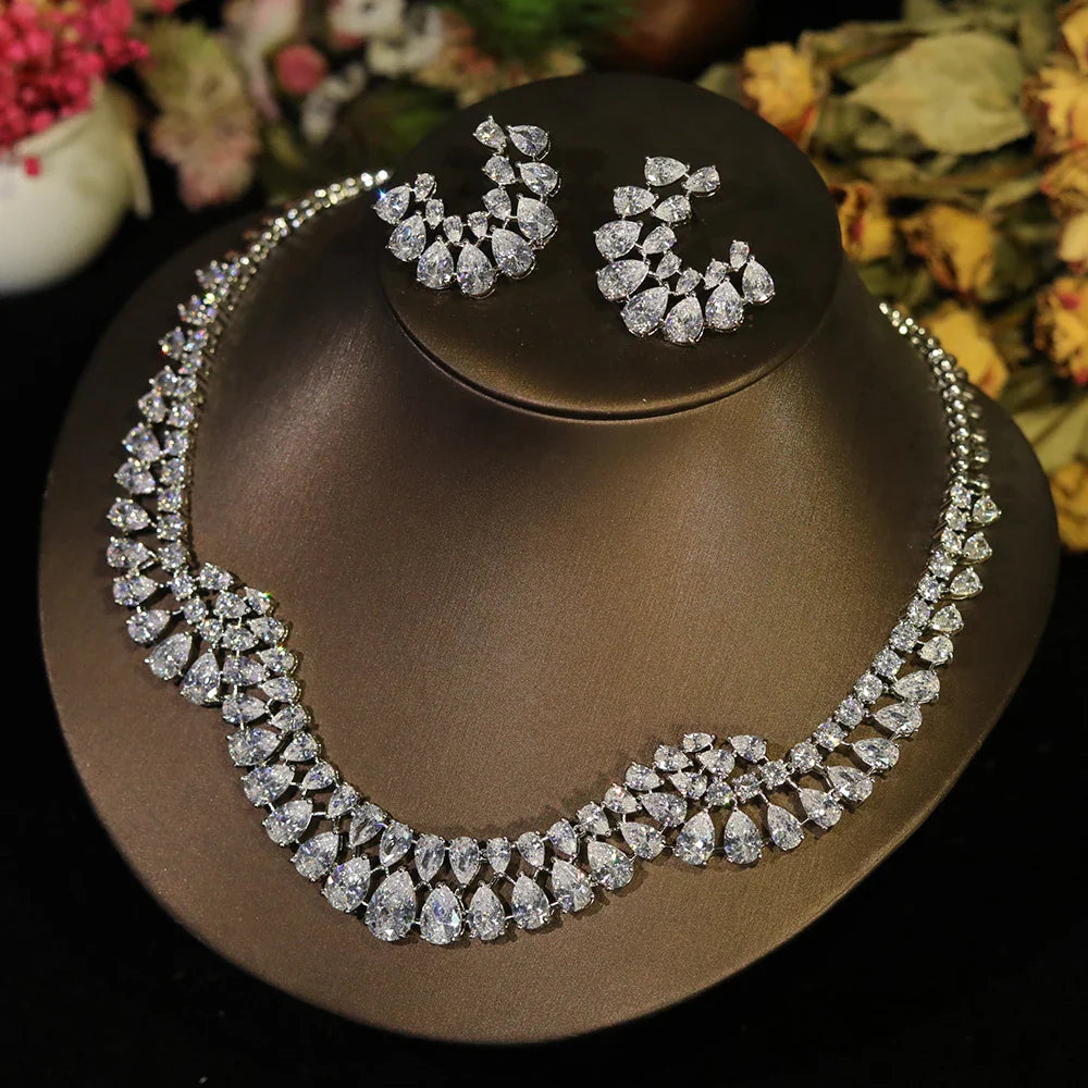 Luxury Sparkling Zircon Geometric Design Wedding Necklace Jewelry Sets Bijoux Femme Ensemble  X0610