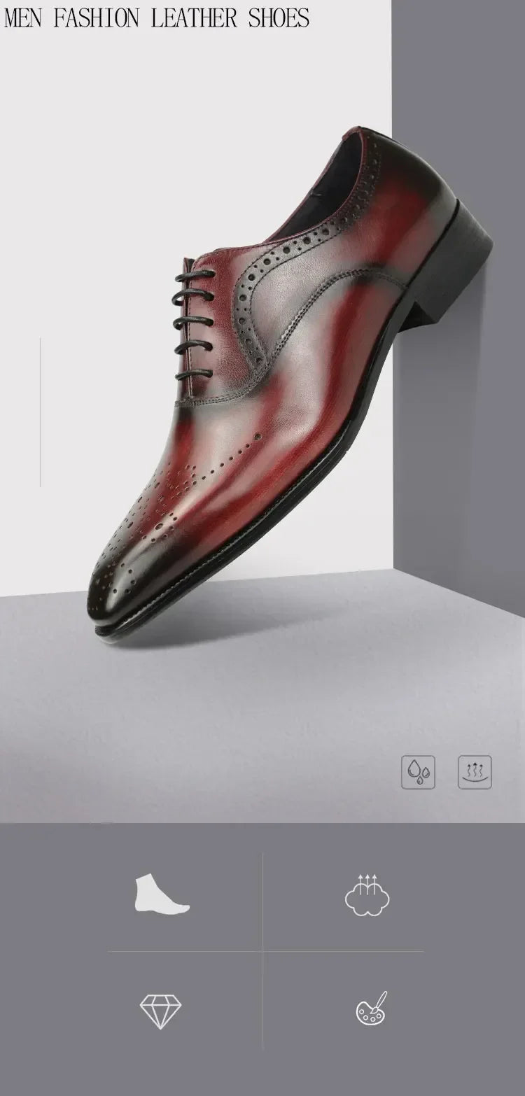 Luxury Dress Genuine Leather Shoes Mens Business Office Work Brogues High Quality Comfortable Formal Wedding Shoe Black&Wine Red