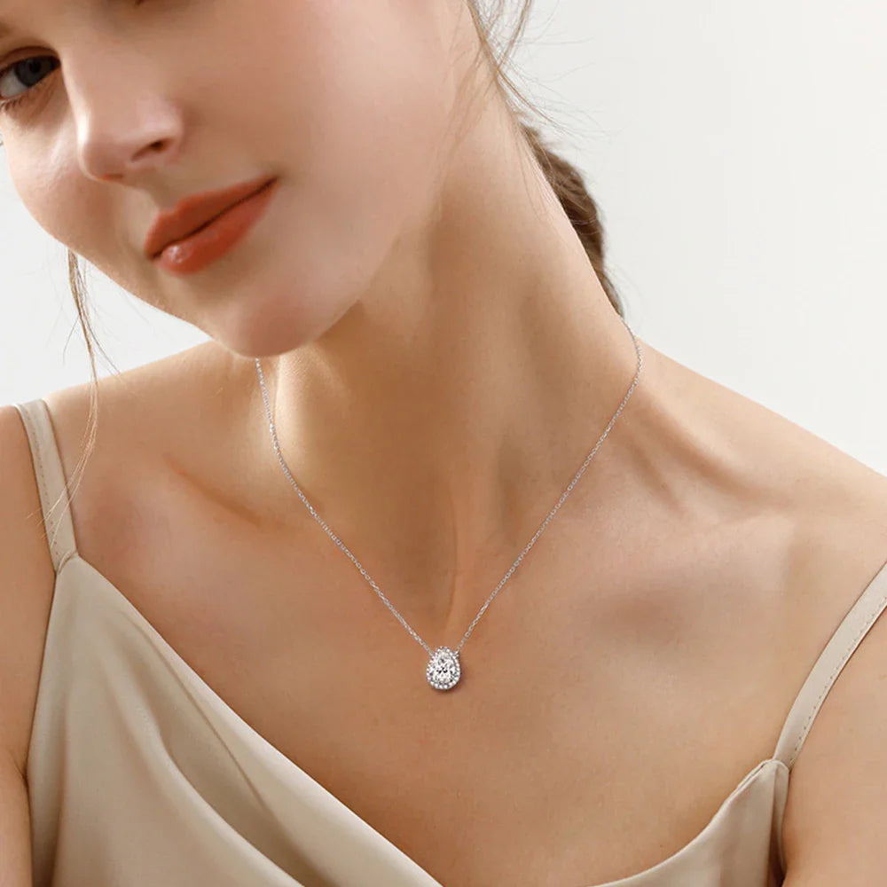 Certified 1/2 Carat Pear Cut Moissanite Pendant Necklaces 925 Sterling Silver Tear Drop Halo Diamond Neck Chain for Women