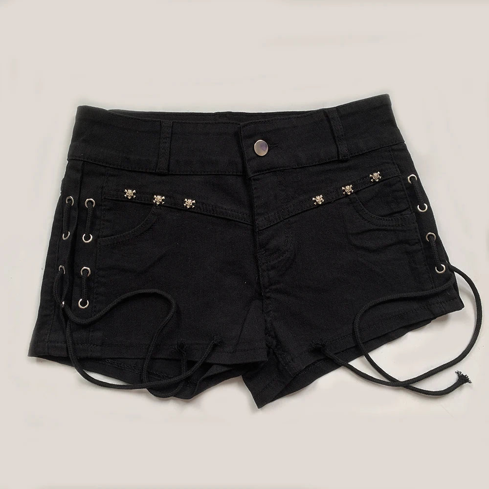 Summer Y2K Black Gothic Denim Shorts Women Skinny Creativity Lace-up Popular Streetwear Daily Personality Students Holiday Jeans