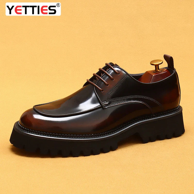 British Casual Leather Shoes Men's Dress Business Thick-soled Lace-up Shoes Bright Leather Patent Leather Men's Lace-up Shoes