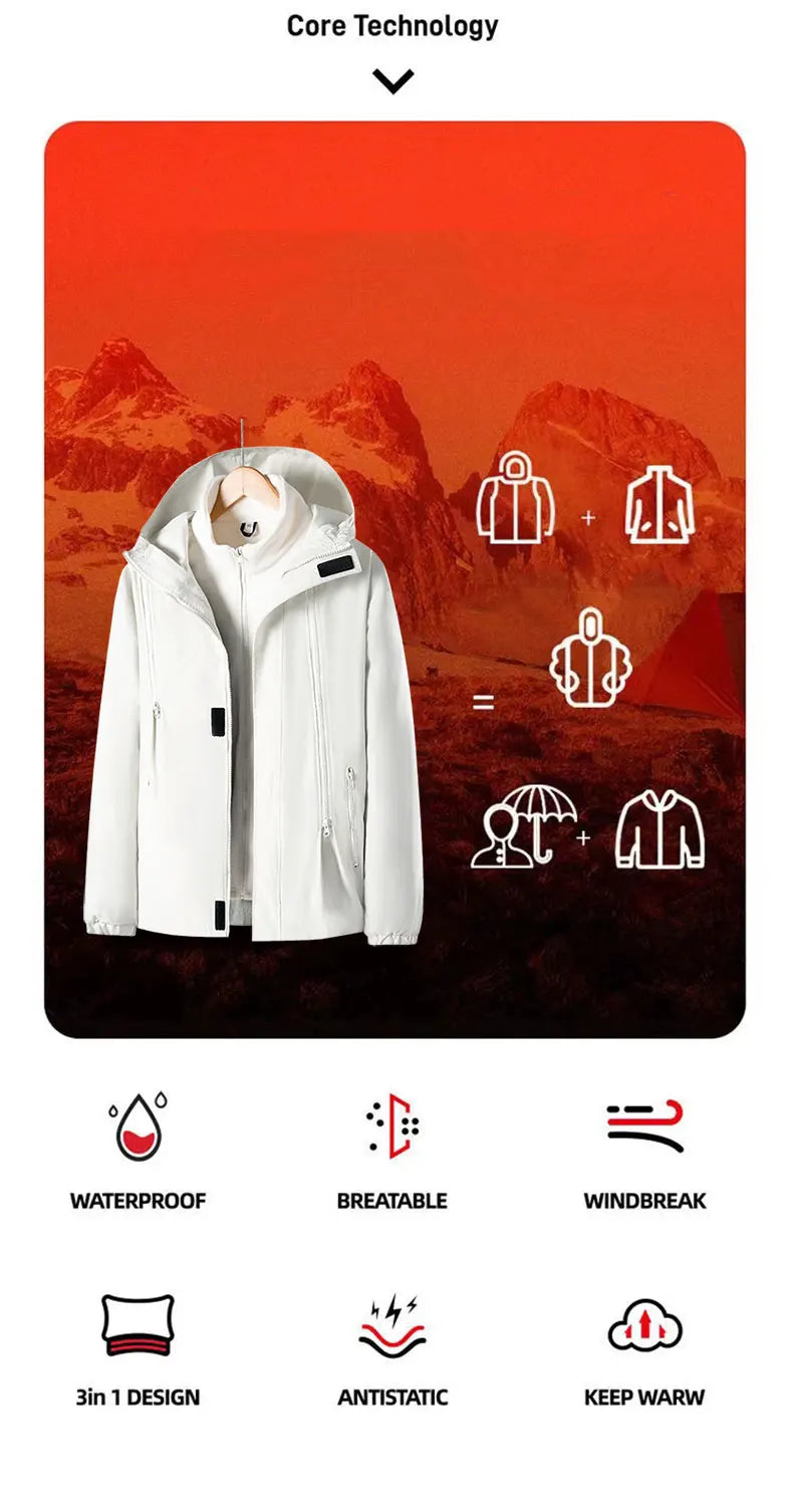 Women Three-in-One Detachable Autumn Winter Outdoor Climbing Windbreaker Windproof Waterproof Fleece Lined Jacket Coat Man Coats