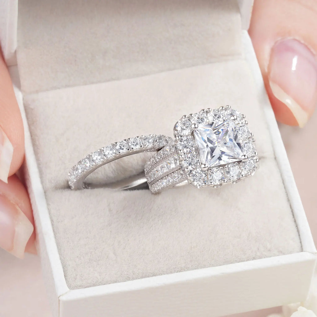 2Pcs 925 Silver Wedding Rings Set for Women Halo Princess Cut White Cubic Zircon Vintage Luxury Jewelry Engagement Ring