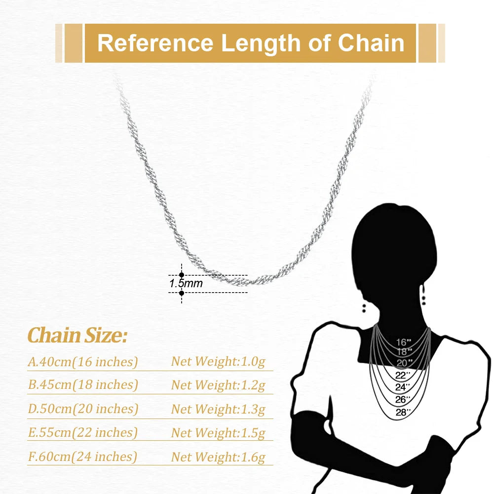 1.5mm Width Singapore Twisted Chain Necklace Solid 925 Sterling Silver Hiphop Classic Style Twist Choker Chain SC02