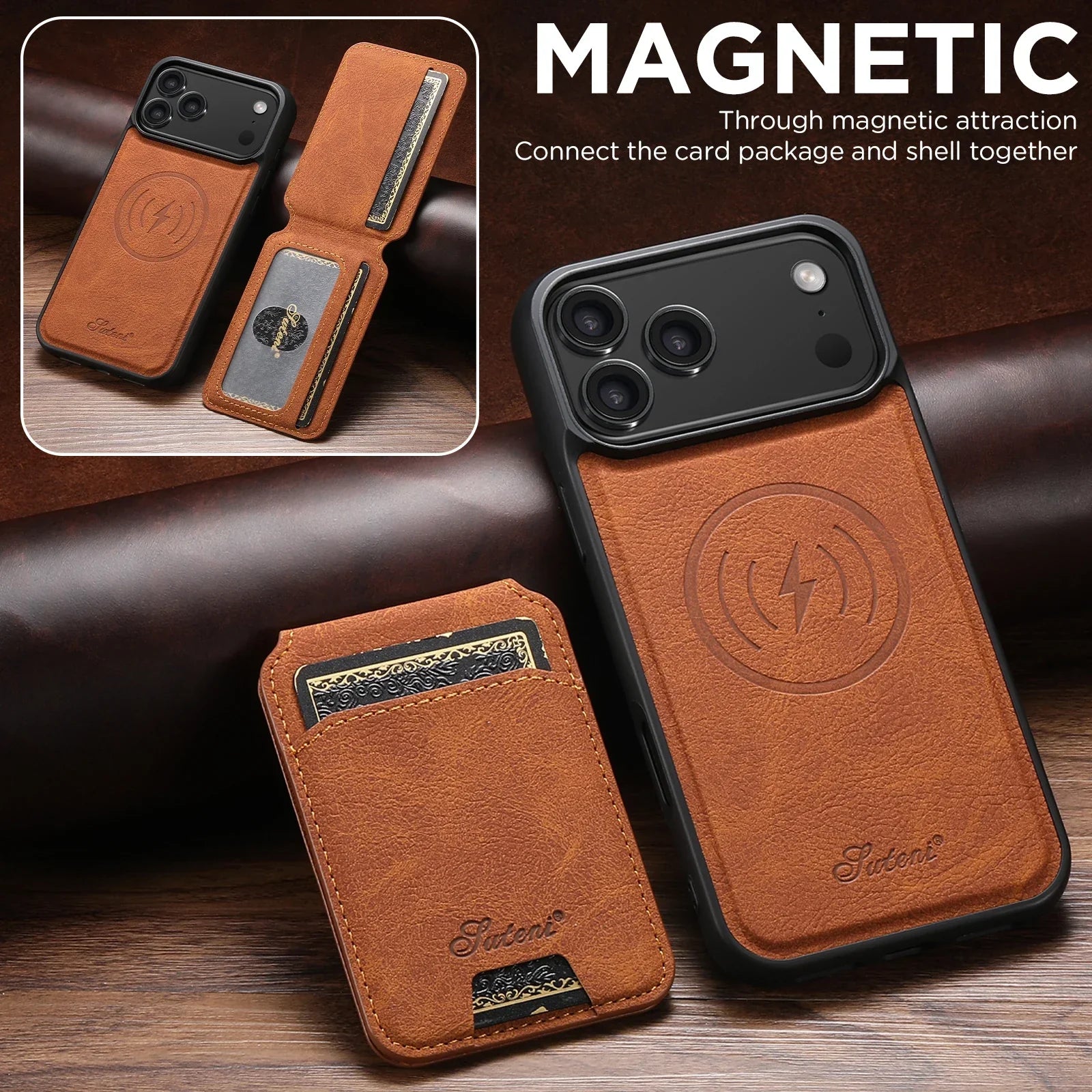 SUTENI Wireless Charging Phone Case Magnet Card Holder Stand Faux Leather For iPhone 17 Pro Max 16 Plus 15 14 13 12