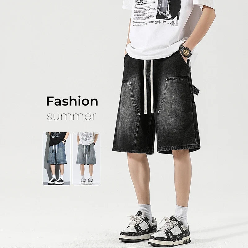 Men's Baggy Cargo Shorts Summer New Fashion Drawstring Straight Casual Jeans Streetwear Pocket Splicing Male Short Pants
