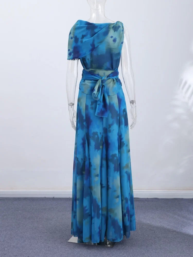 Women's Elegant Blue Watercolor Print Maxi Dress Sleeveless Cowl Neck Satin Formal Evening Gown A-line Floor Length Party Dress