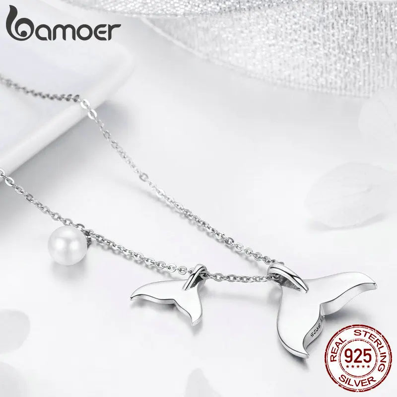 925 Sterling Silver Blue Mermaid Tail Pendant Necklace Quality Shell Pearl Bead Women Fine Jewelry Wedding Gift 17.32''