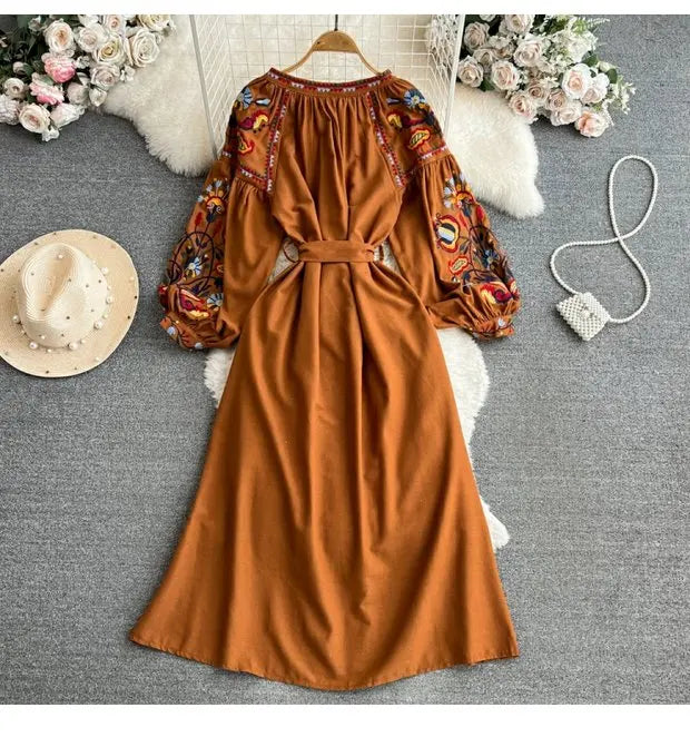 Retro Ethnic Sle Long Sve Embroidered round Ne A-Line Cotton Linen Dr Slimming Waist Cinched Ele Long Dr