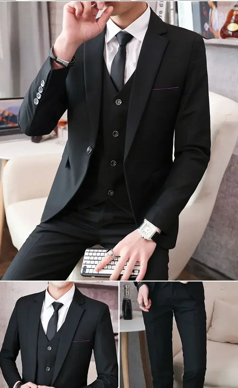 Suit (Blazer+ Vest + Pants) Men's Fashion Casual Outdoor Gentleman Business Wedding Formal Dress British Style Wedding Suit
