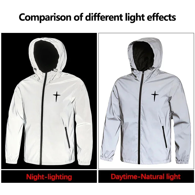Men's Night Reflective Jacket Fashion Cross Printed Windproof Hooded Coats Streetwear Outdoor Cycling Jogger Safety Outerwear