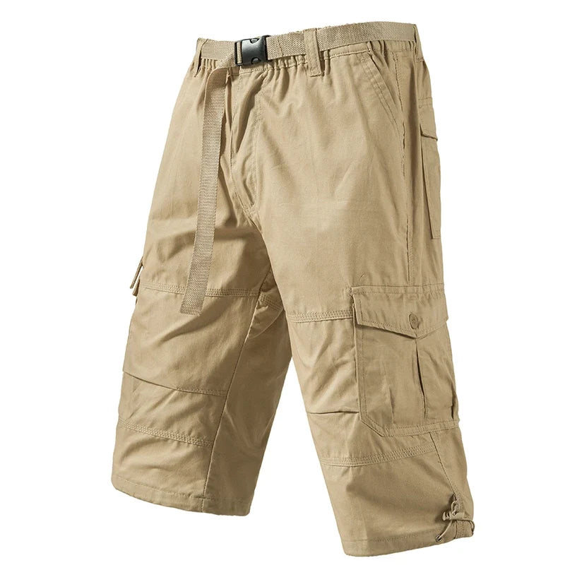 Men's Cargo Shorts 3/4 Casual Running Shorts Below Knee Elastic Waist Hiking Outdoor Jogging Fishing Shorts with a Belt