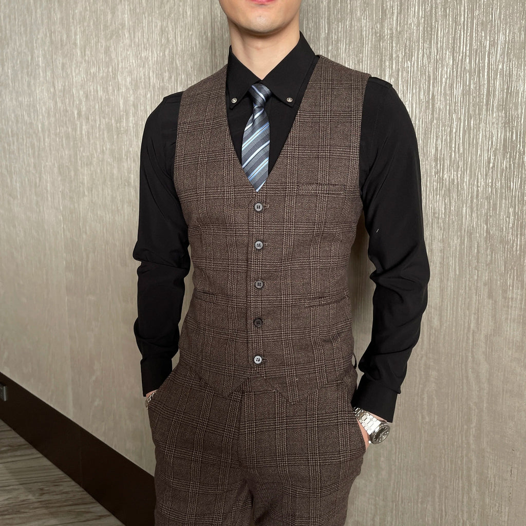 British Modified Plaid Three-Piece Suit for Men - Stylish Business Casual Suit Vest And Trousers Set