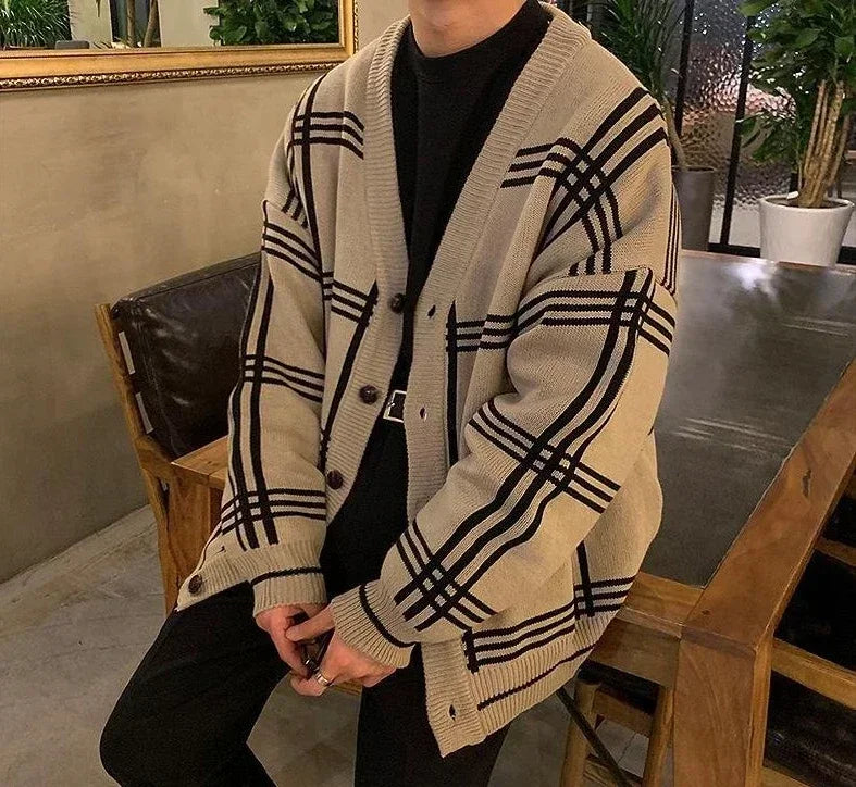 Men's Clothing Cardigan Jacket V Neck Coat Knit Sweater Male Plaid Elegant Casual Long Sleeve 100% Korean 2025 Autumn Classic A