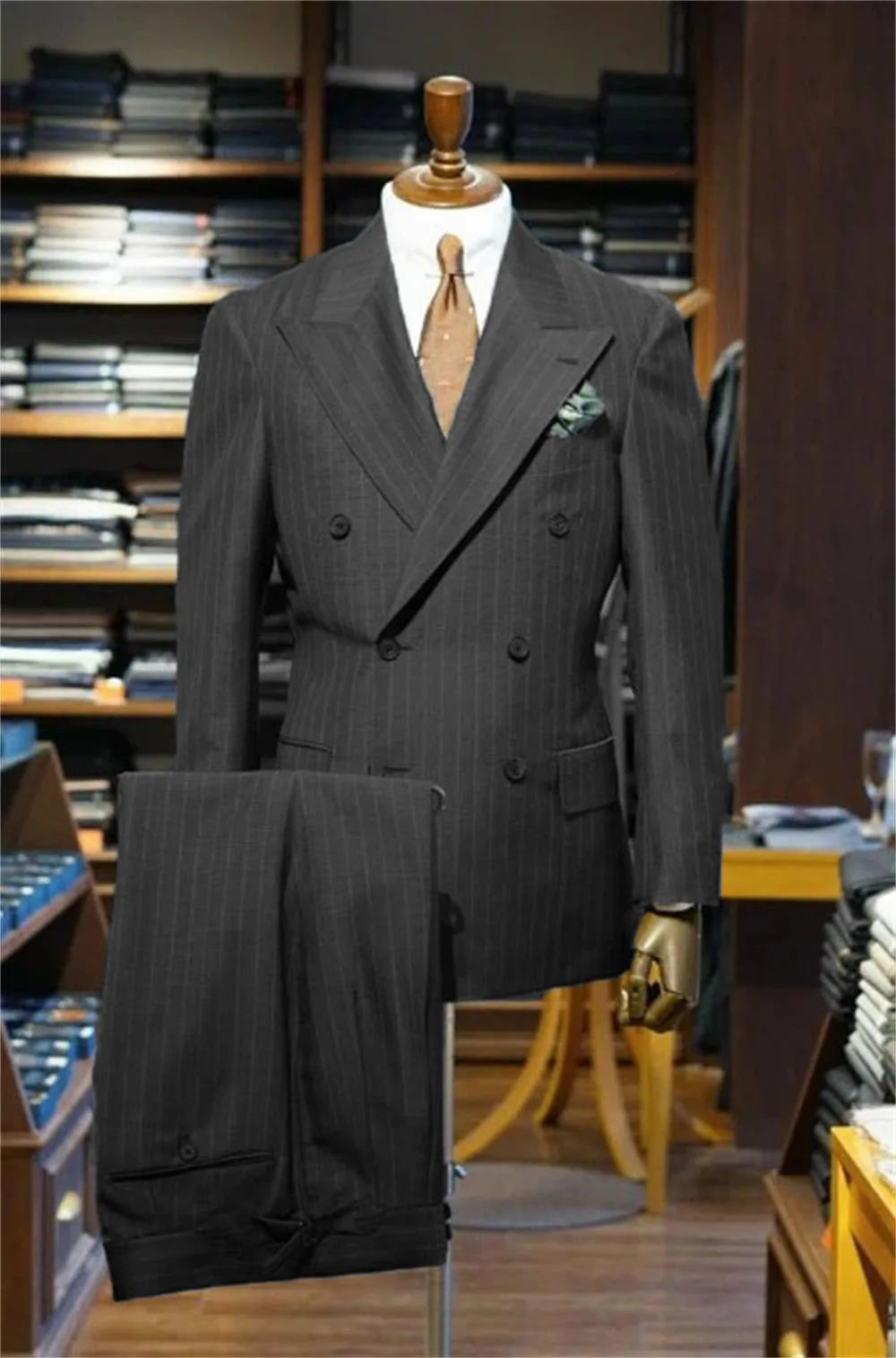 Gray Striped Men's Suit 2 Piece Set Man double-breasted Slim Fit Business Formal suit Casual Suit Jacket Pant Groom's suit dress