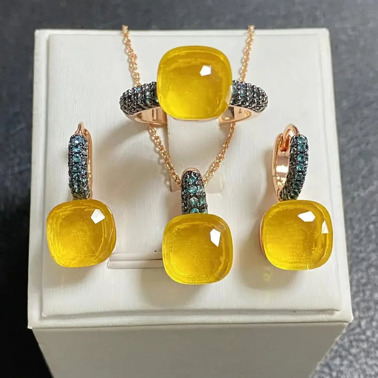 3Pcs Gun Black Plated Blue Zircon Jewelry Set for Women Includes Ring Earrings Necklace Elegant Crystal Blue Topaz Matching Gift