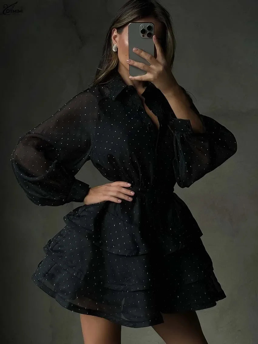 Fashion Black Rhinestone Women's Dress Casual Lapel Long Sleeve Button Dresses Elegant New Lace-Up Pleated Mini Dresses
