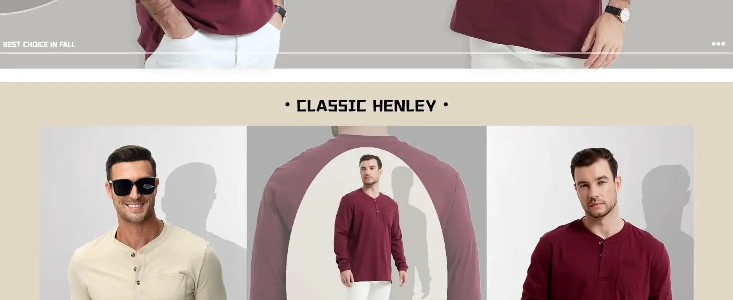Henry Neck Long Sleeves Men's High Quality Cotton Henley Shirts Casual Button T-Shirt with Pocket Placket Fitted Tees
