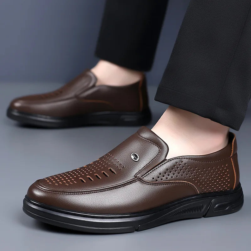 Spring Summer Hallow Leather Shoes for Men Solid Color Breathable Business Casual Shoes Male New Designer Fashion Sandals Man